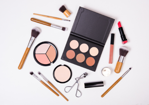 Professional makeup tools, flatlay on white background